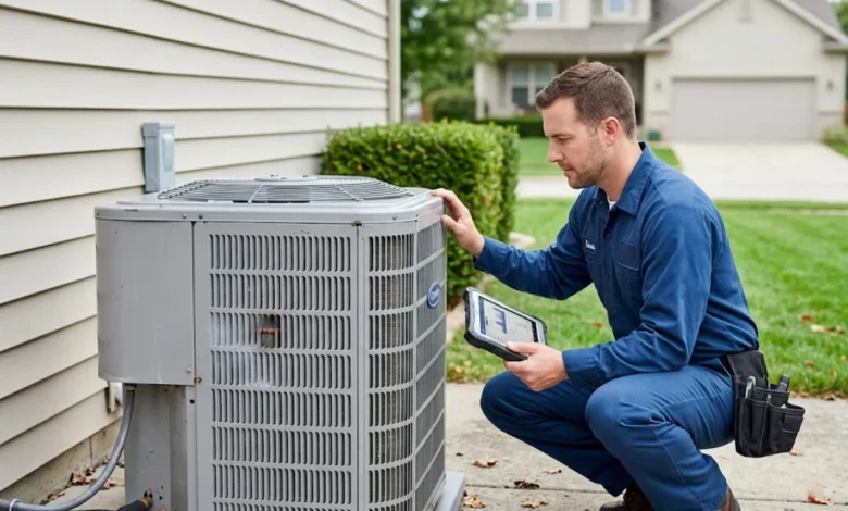 HVAC technician inspecting a residential climate system showing early warning signs of failure