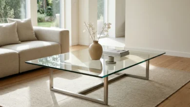 Glass Table Addicciando with steel base in a bright modern living room with natural light