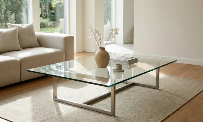 Glass Table Addicciando with steel base in a bright modern living room with natural light