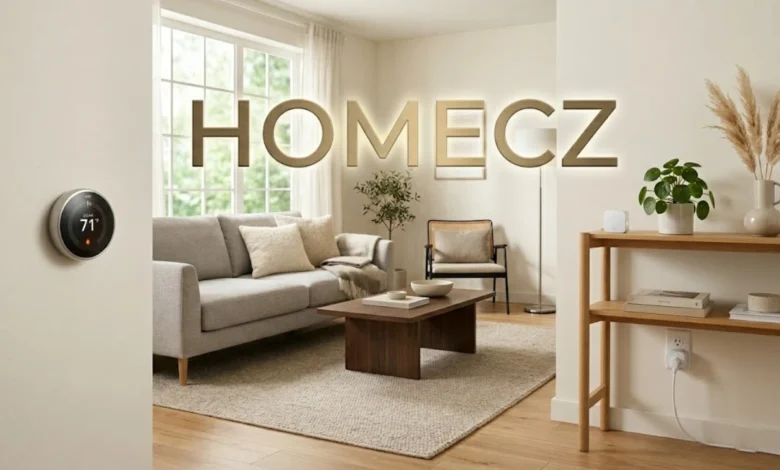 Homecz Zen Home CZ smart home setup with thermostat and smart plug in a modern living room