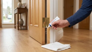 Person applying lubricant to a squeaky door hinge to stop the squeak at home