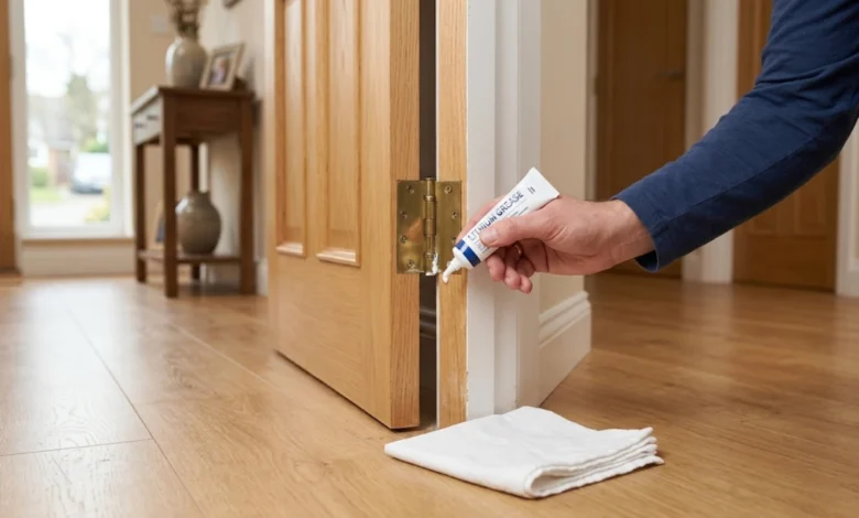 How to Fix a Squeaky Door: A Complete Step-by-Step Guide - Home Improvement | HomeImprovementGeek Person applying lubricant to a squeaky door hinge to stop the squeak at home