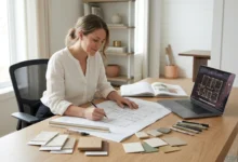 Interior design jobs — designer reviewing floor plans and material samples in a modern studio