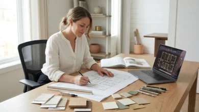 Interior design jobs — designer reviewing floor plans and material samples in a modern studio