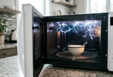 Microwave Sparking inside with blue electrical arcs visible on the cavity wall