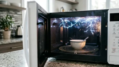 Microwave Sparking inside with blue electrical arcs visible on the cavity wall