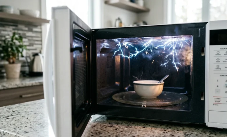 Microwave Sparking inside with blue electrical arcs visible on the cavity wall