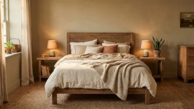 Rustic bedroom with reclaimed wood bed frame, linen bedding, and warm amber lighting