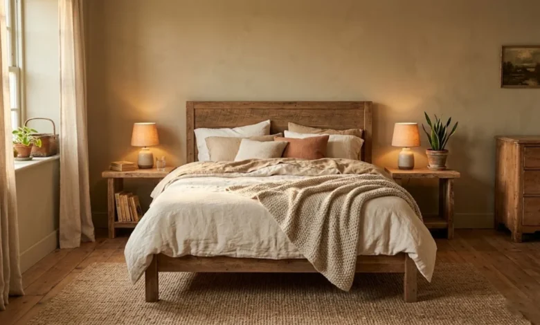 Rustic bedroom with reclaimed wood bed frame, linen bedding, and warm amber lighting