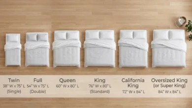 Comparison chart of all types of bed sizes from Twin to California King with dimensions