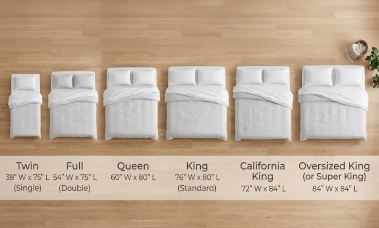 Comparison chart of all types of bed sizes from Twin to California King with dimensions