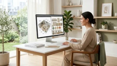 A virtual interior designer working on a 3D room plan and mood board on a computer screen at a modern home desk