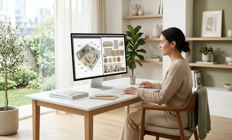 A virtual interior designer working on a 3D room plan and mood board on a computer screen at a modern home desk