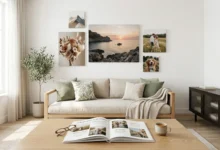 Wallapix custom canvas prints and photo book displayed in a modern living room gallery wall