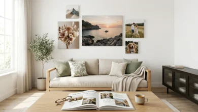 Wallapix custom canvas prints and photo book displayed in a modern living room gallery wall