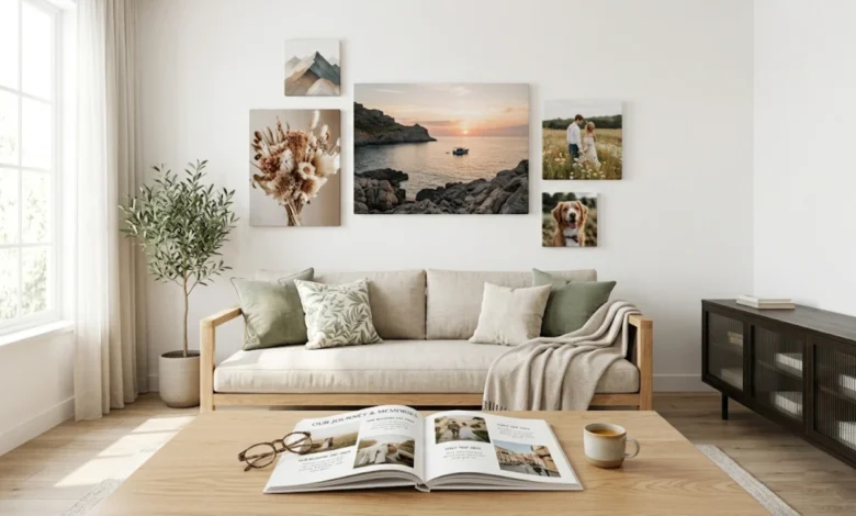 Wallapix custom canvas prints and photo book displayed in a modern living room gallery wall