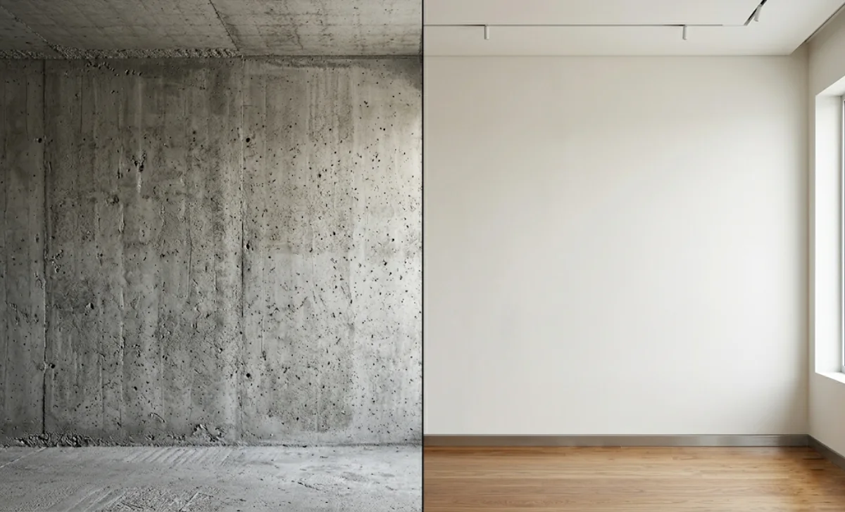 Split image showing a raw concrete wall on the left and the same wall after acamento finishing on the right