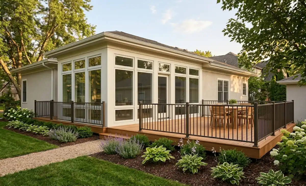 A well-finished outdoor living space with sealed decking and coated metal railings showing quality acamento work