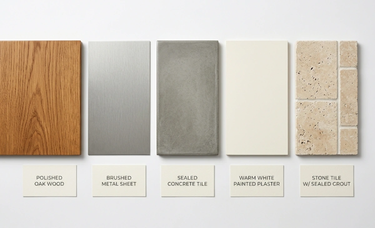 Five surface finish samples showing acamento types including wood, metal, concrete, plaster, and stone
