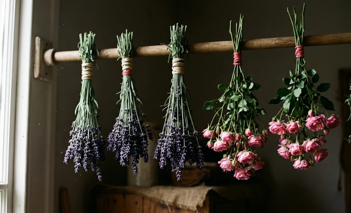 Small bunches of roses and lavender hung upside down with rubber bands to air dry indoors