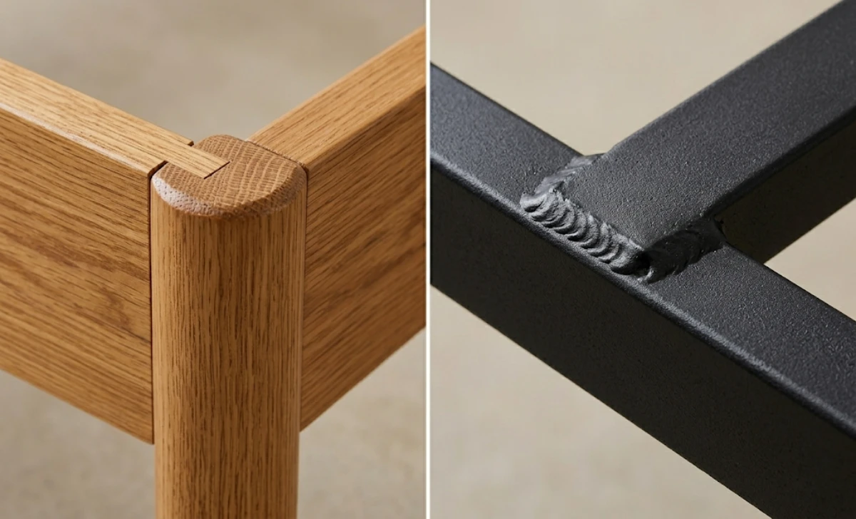 Close-up of wood mortise and tenon joint next to a welded metal bed frame joint