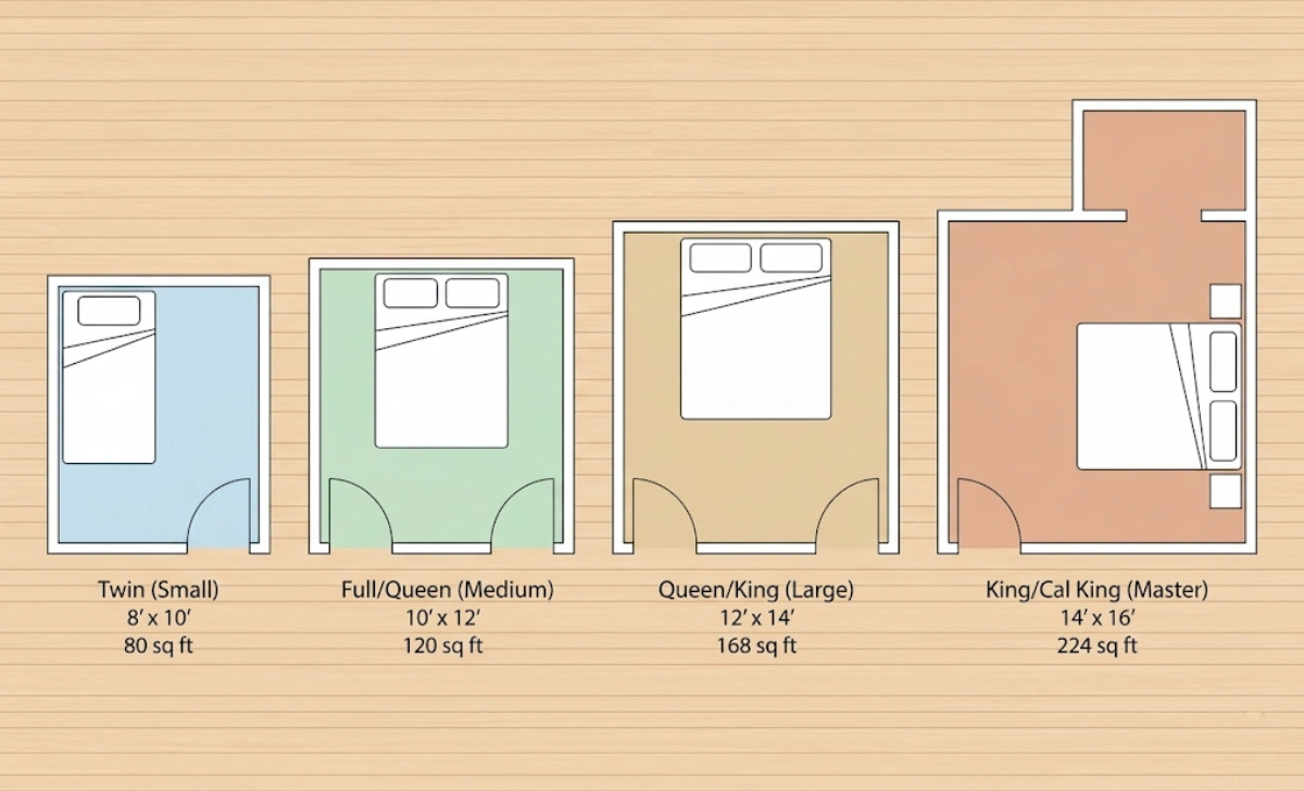 Floor plan guide showing which bed size fits each room size from small to master bedroom