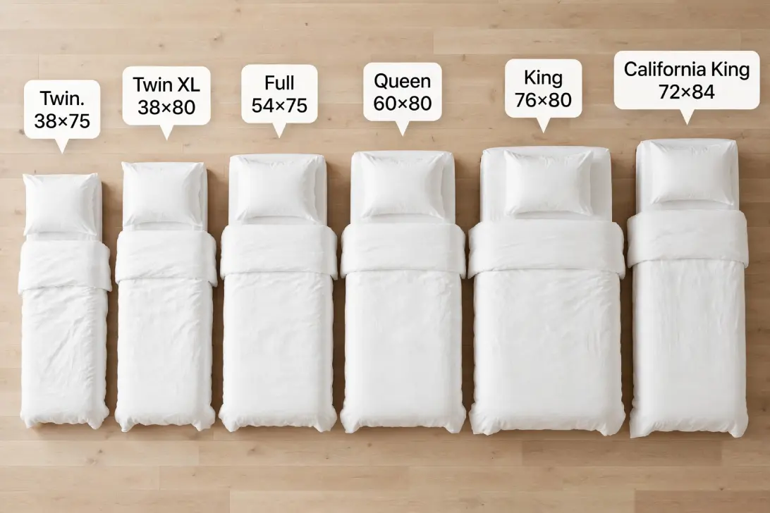 Top-down view of six US bed sizes from Twin to California King with white bedding and dimension callouts on light wood floor