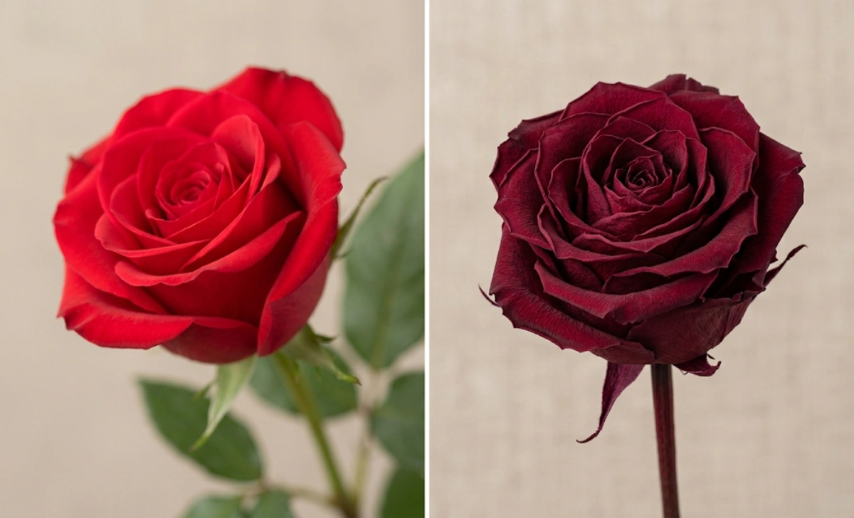 Side-by-side comparison of a fresh red rose and a dried rose with color preserved on a linen background