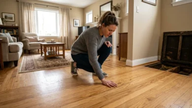 Homeowner pressing hand on bouncy hardwood floor to check for deflection in a residential living room