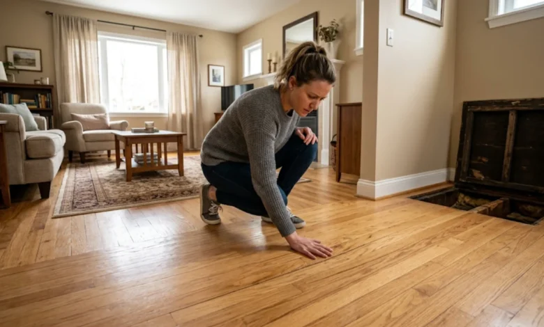 Homeowner pressing hand on bouncy hardwood floor to check for deflection in a residential living room