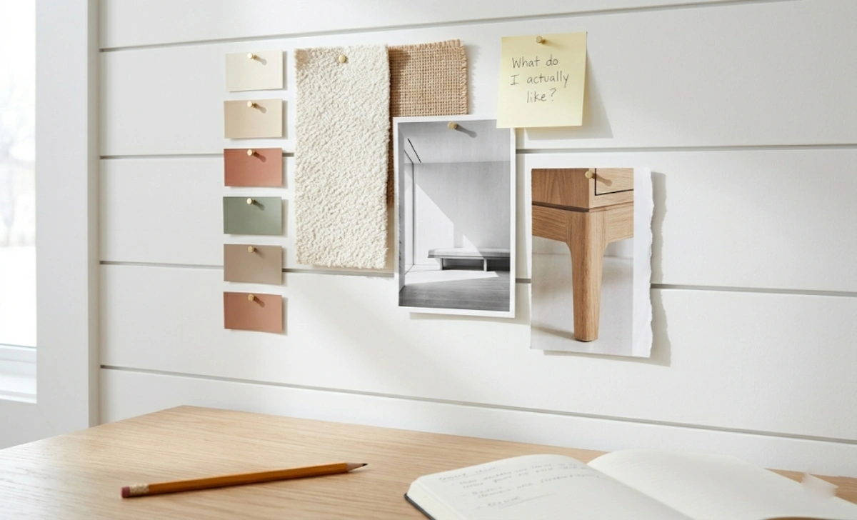 Interior design mood board with paint swatches, fabric samples, and room photos to help choose a style