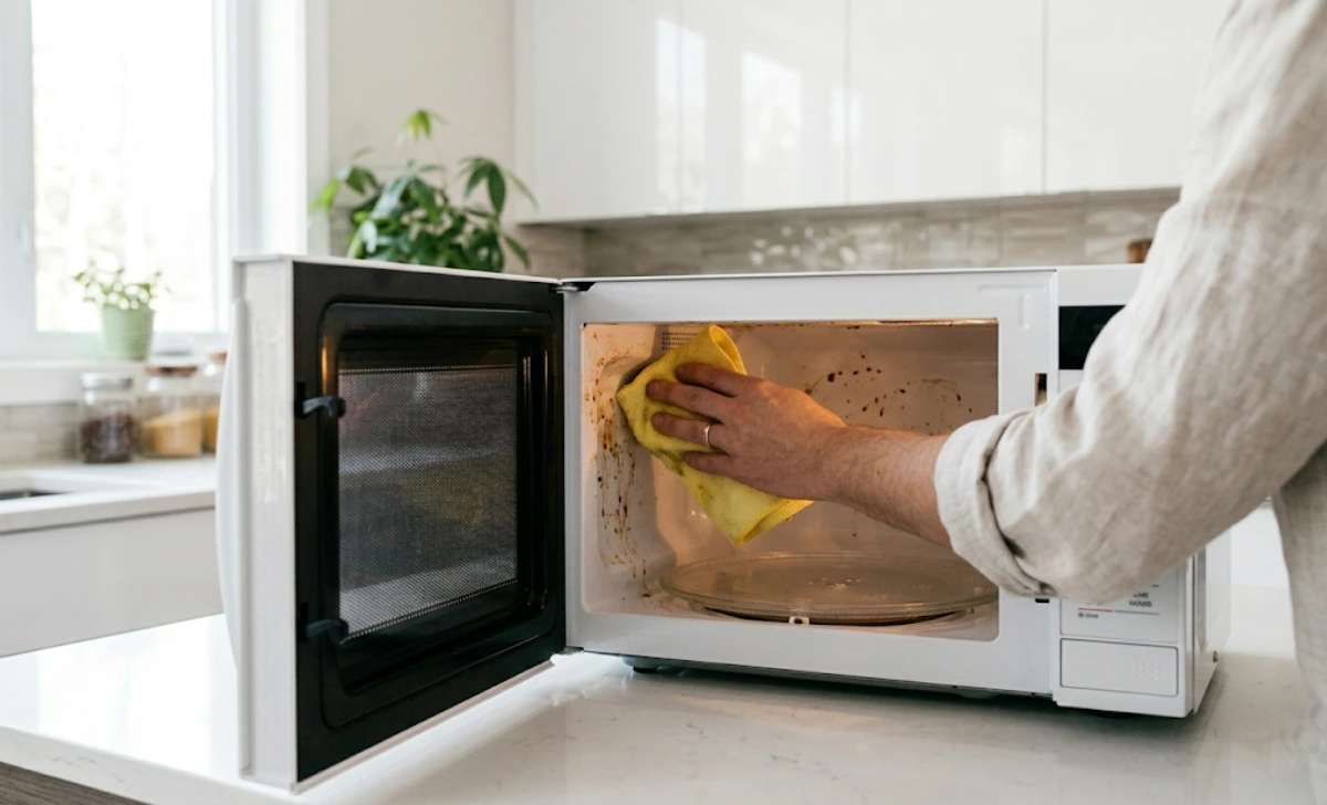Blue electrical sparks arcing inside a microwave oven cavity
