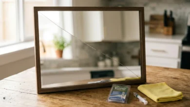 Cracked mirror with a windshield repair kit and tools placed on a wooden worktable