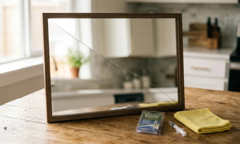Cracked mirror with a windshield repair kit and tools placed on a wooden worktable