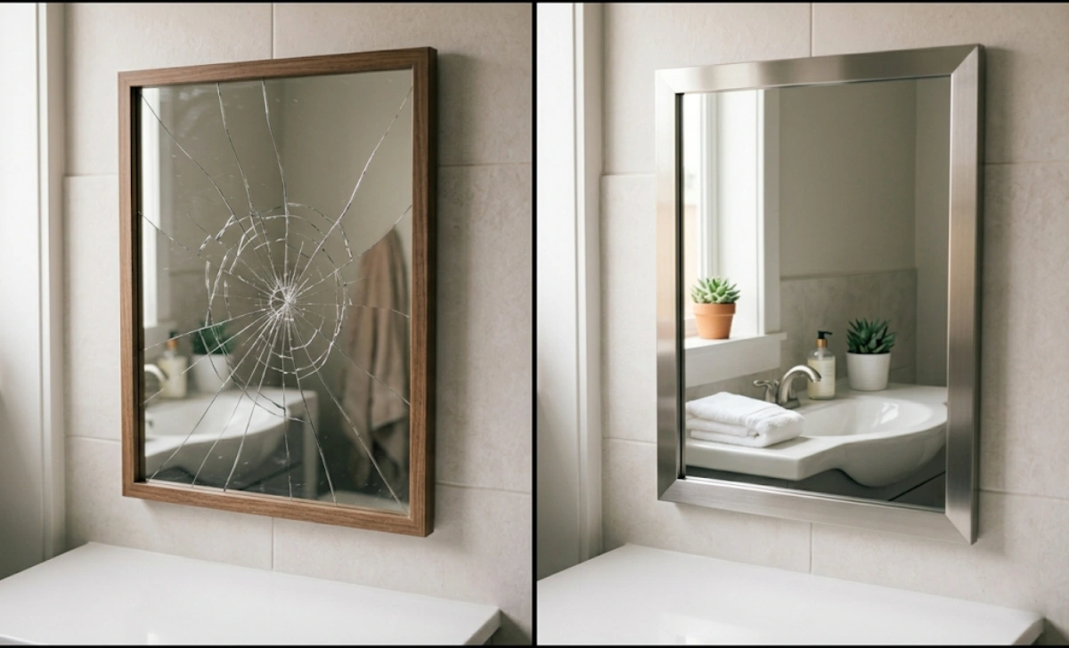 Side-by-side comparison of a cracked bathroom mirror and a clean replacement mirror in a brushed metal frame