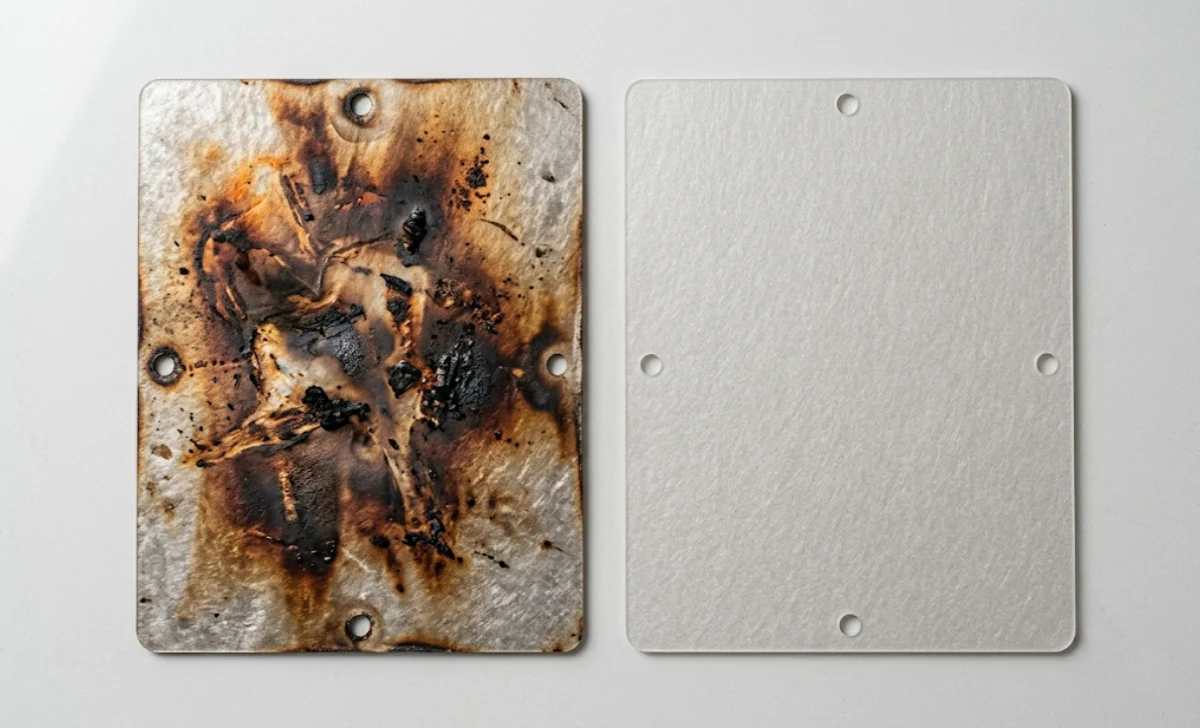 Burned damaged microwave waveguide cover next to a clean replacement part