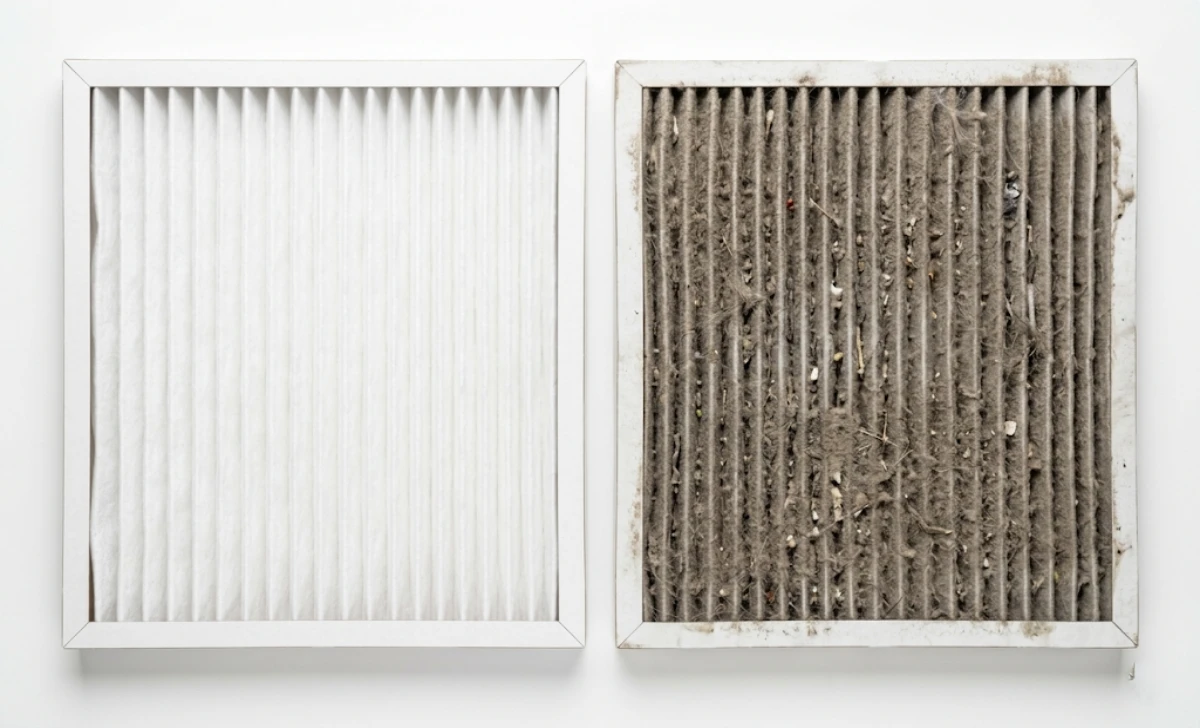 Side-by-side comparison of a clean and a dirty clogged HVAC air filter