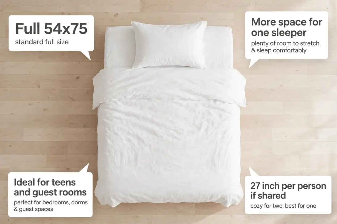 Top-down view of Full size bed with white bedding showing 54x75 dimensions on light wood floor
