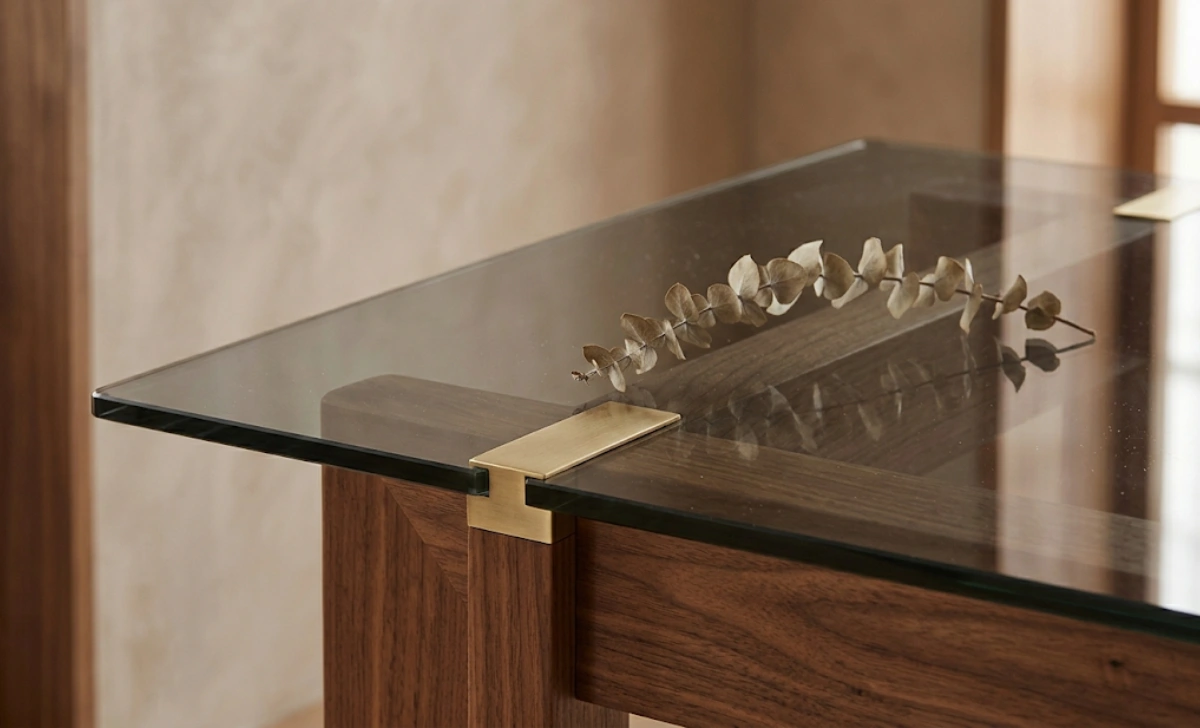 Smoky gray tinted glass table addicciando with walnut wood base and brass accents