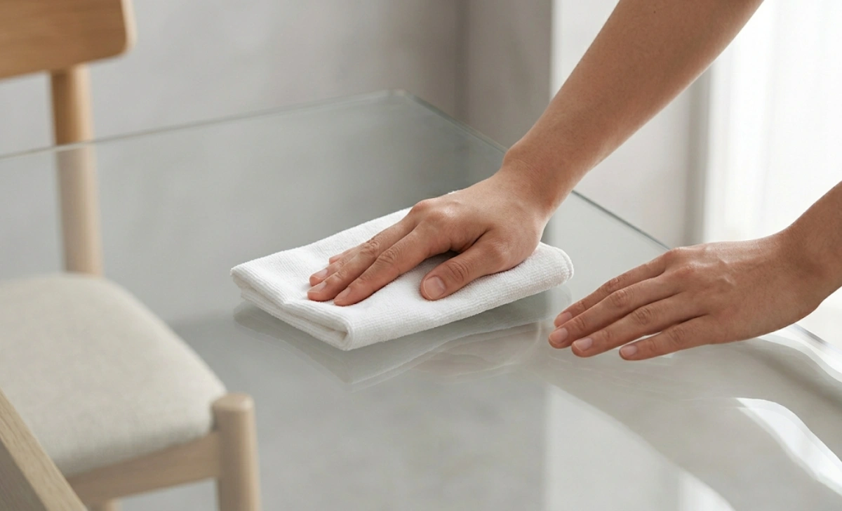 Cleaning a glass table addicciando surface with a white microfiber cloth
