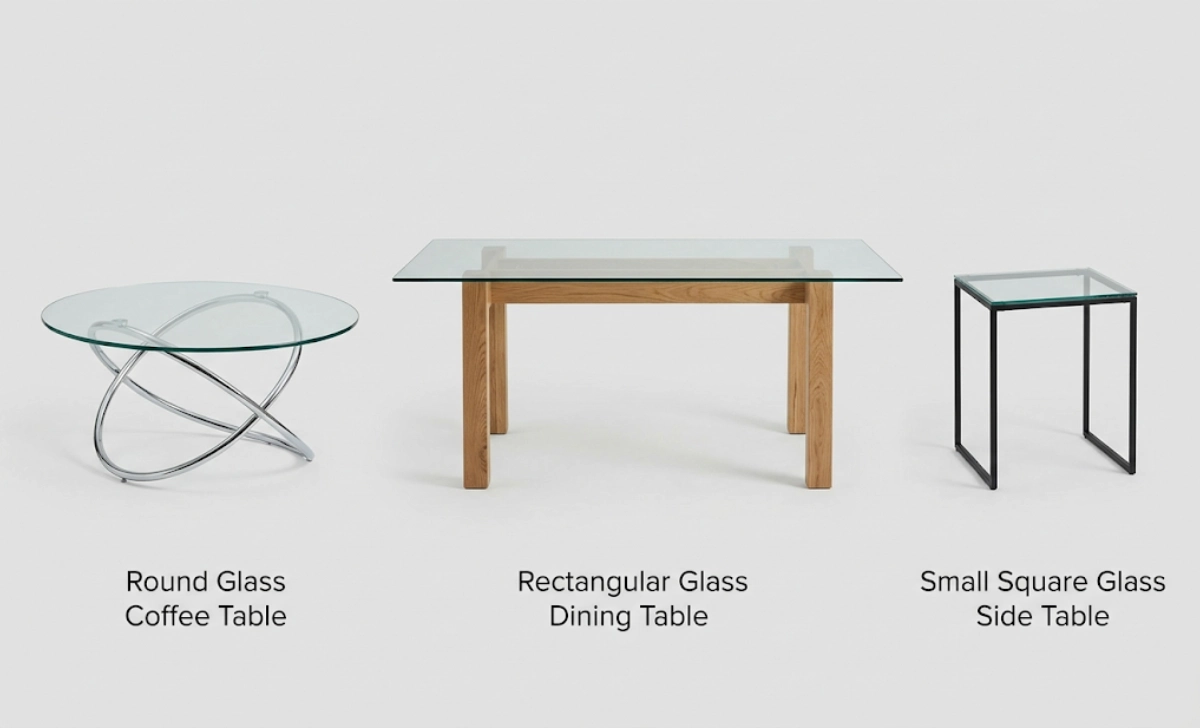 Three glass table addicciando styles: coffee table, dining table, and side table