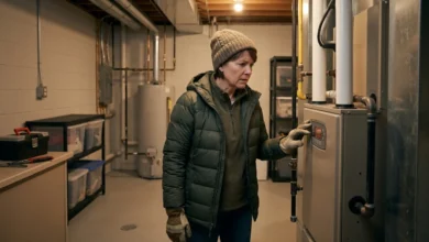 Homeowner checking furnace control panel when heat is not working in house