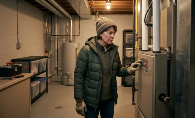 Homeowner checking furnace control panel when heat is not working in house