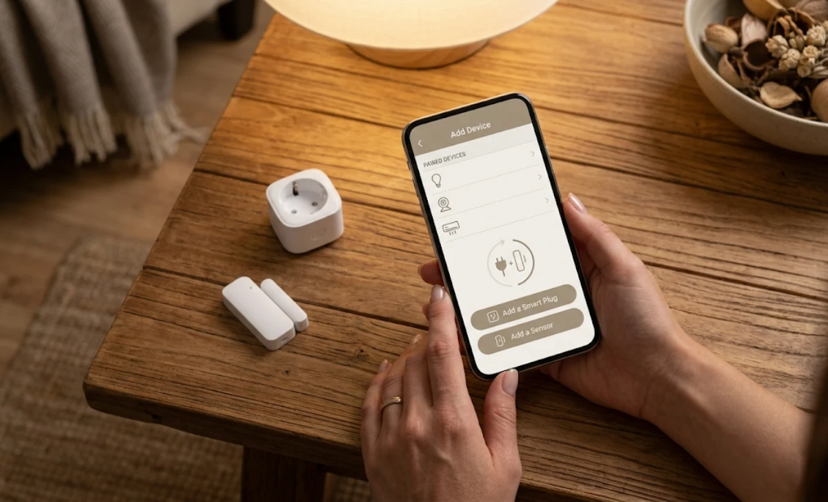 Person setting up a homecz smart home device using a smartphone app with a smart plug on a wooden table
