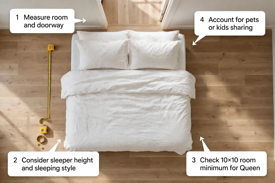 Top-down view of Queen bed with measuring tape on wood floor showing four tips for choosing bed size
