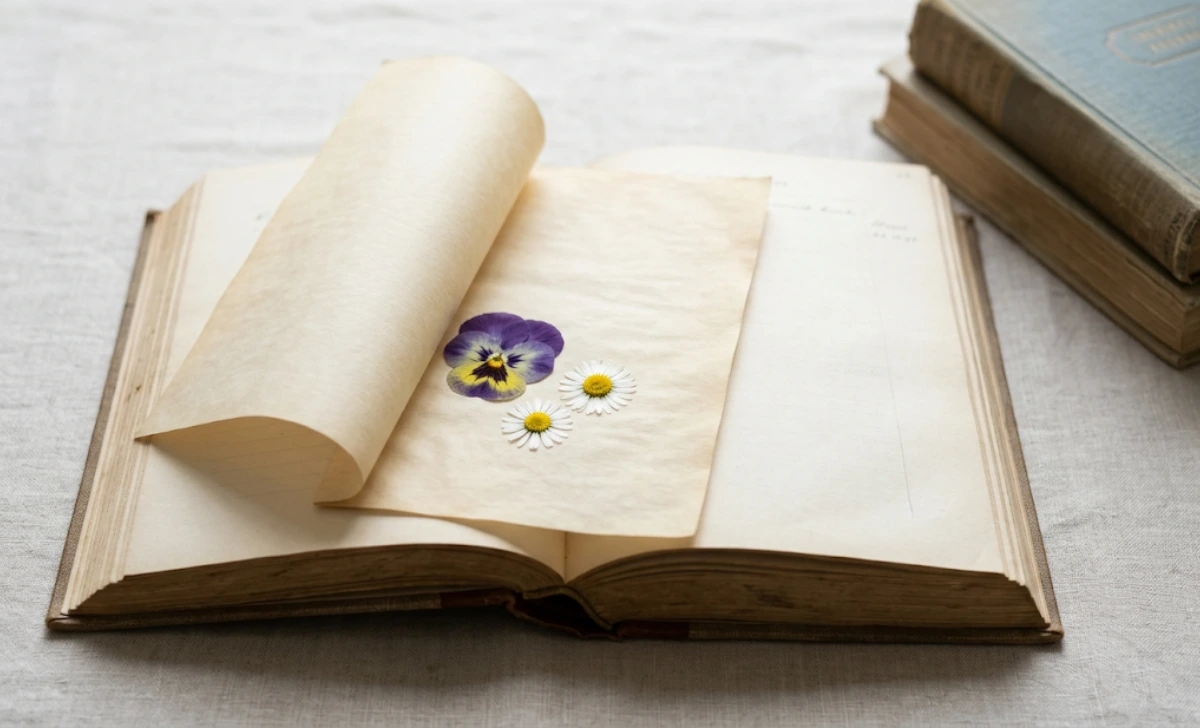 Pansy and daisy pressed between parchment paper inside a heavy hardcover book