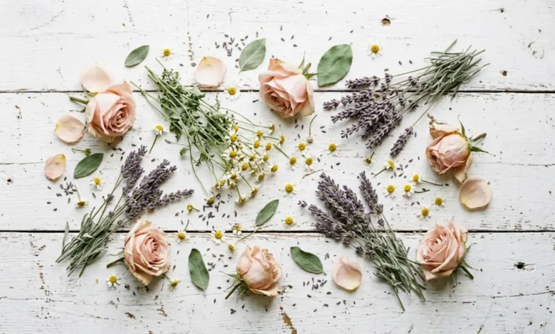 Flat-lay of partially dried roses, lavender, and chamomile on a white wood surface