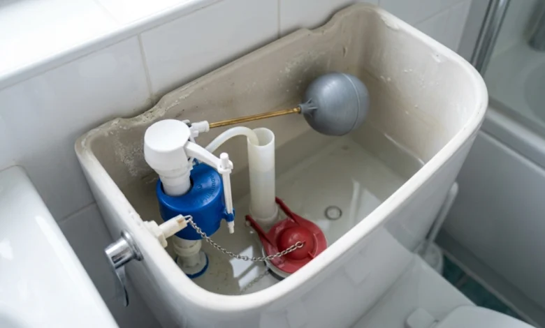 Inside view of a toilet tank showing flapper, fill valve, and float