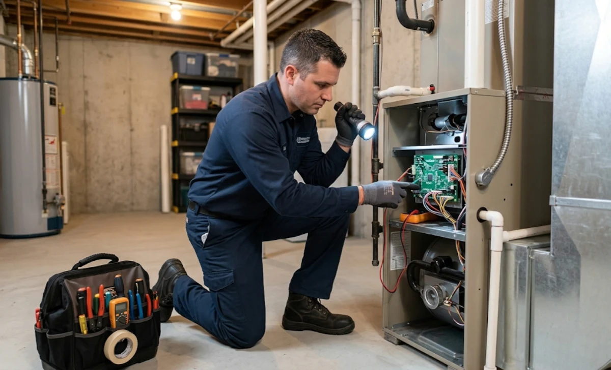 HVAC technician inspecting furnace control board for heating repair
