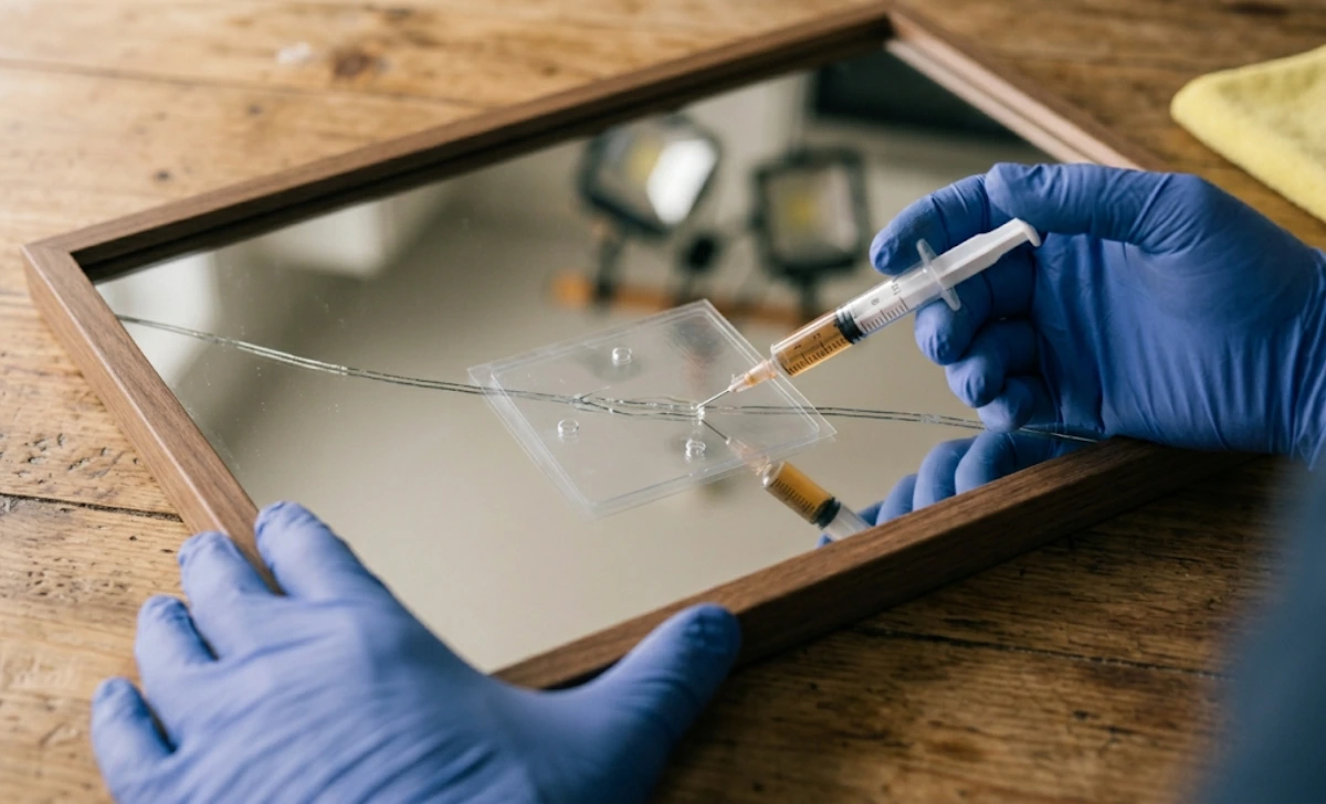 Gloved hands injecting epoxy resin into a cracked mirror using a syringe beneath stabilizer film